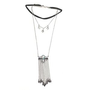 Boho Layered Necklace Set Abalone Accents Fringe Drop Pendant Choker Gothic Vibe